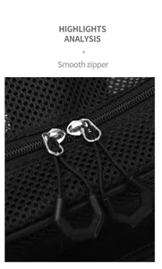 Nahaufnahme des schwarzen Netztaschenreißverschlusses mit glatten doppelten Schiebern.