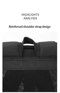 Detailansicht des schwarzen Mesh-Rucksacks mit verstaerkten Schultergurten fuer Komfort.