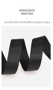 Close-up detail shot of the durable black woven shoulder strap, showing fine texture and elasticity.