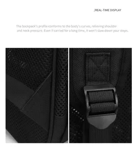 Detail des schwarzen Mesh-Rucksacks mit atmungsaktiver Textur und strapazierfähiger Schnalle.