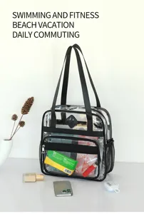 Clear PVC tote bag with multi pockets, waterproof shoulder handbag for beach, travel and sports.