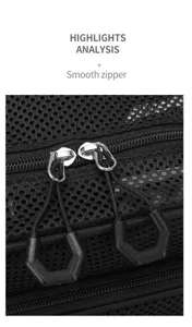 Gros plan sur les doubles fermetures éclair fluides et le tissu en maille noire résistante.