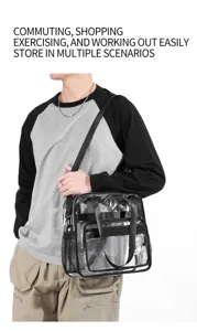 Clear PVC shoulder bag detail showing multi-pocket design and durable waterproof material.