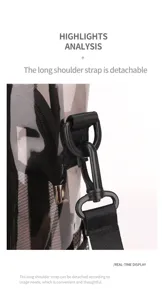 Transparent PVC beach bag shoulder strap detail featuring durable black nylon webbing.