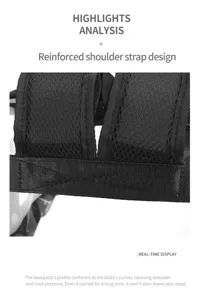 Transparenter Rucksack verstärkter Schultergurt Detail mit atmungsaktivem Mesh und hohem Komfort.