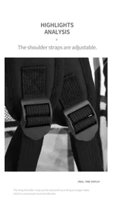Rucksack verstellbarer Schultergurt Detail mit strapazierfähiger Schnalle und Gurtband.