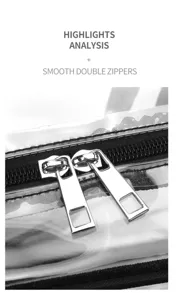 Clear transparent PVC travel bag smooth double zippers detail view for concert and outdoor sports use