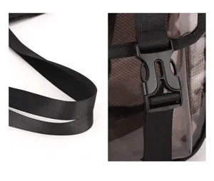 Clear PVC beach bag strap and buckle detail shot, showing durable black webbing and secure fastener.