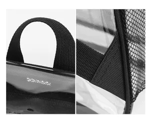 Transparenter PVC Rucksack Detailansicht mit strapazierfähigen Gurtbändern und Nähten.