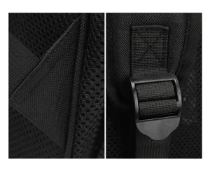 Gros plan détaillé des bretelles de sac à dos en mesh avec sangle robuste et boucle.