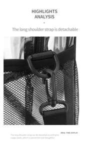Detail view of the clear PVC travel bag strap buckle, showing sturdy hardware and design.