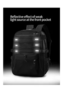 Black mesh breathable backpack with reflective strips for travel, fitness and casual daily use.