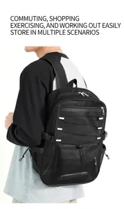 Black mesh backpack with front elastic cord and breathable hollow design for multi-use.