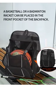 Detail view of the black mesh sports backpack showcasing front pocket holding a basketball.