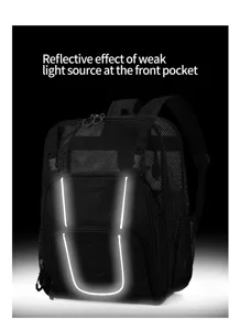 Detail view of the black mesh sports backpack featuring a reflective front pocket design.
