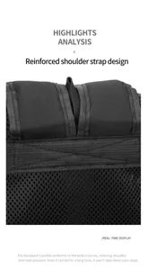Breathable mesh backpack shoulder strap detail, reinforced design for outdoor travel and sports.
