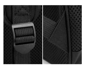 Detailed view of black mesh backpack showing adjustable strap buckle and reinforced stitching.
