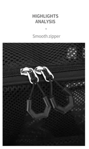 Black mesh backpack detail shot featuring smooth metal double zippers with hexagonal pull tabs.