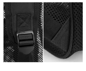 Zaino in rete nera dettaglio, materiale traspirante, spallacci resistenti, uso quotidiano.