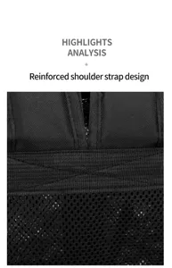 Detail view of the black sports backpack showing reinforced shoulder strap and mesh design.