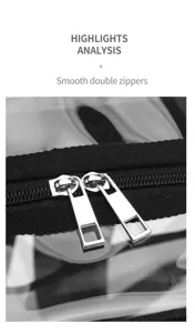 Transparenter PVC Rucksack Reissverschluss Detail zeigt glatte doppelte Schieber und Band.
