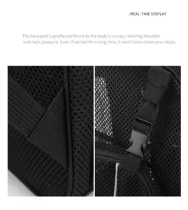 Black mesh backpack detail showing breathable fabric, reinforced straps, and ergonomic design.