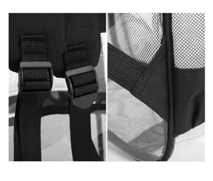 Klares PVC Rucksack Detailbild mit strapazierfähigen Gurten und atmungsaktivem Mesh-Gewebe.
