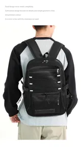 Black mesh hollow backpack, breathable quick-dry travel fitness beach school rucksack.