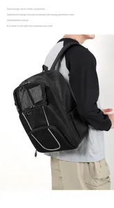 Black mesh sports backpack with reflective strips, ideal for outdoor sports and gear.