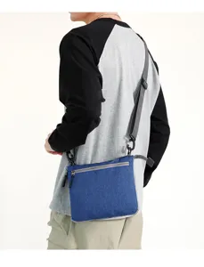 Vista detallada de la bolsa cruzada azul ligera con bolsillo con cremallera y correa ajustable.