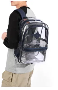 Transparenter PVC Rucksack mit mehreren Fächern und Gurten für Schule und Alltag.