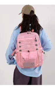 Pink mesh backpack back detail showing breathable fabric, front pocket and elastic cords.