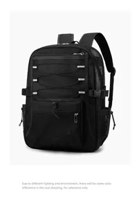 Detailed view of black mesh hollow backpack, breathable quick-drying design for travel.
