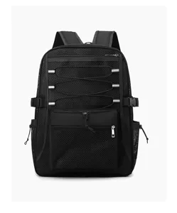 Detailed view of the black mesh breathable backpack showcasing mesh pockets and elastic cords.