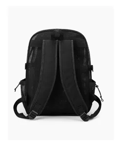 Black mesh backpack back detail showing adjustable straps and breathable fabric design.