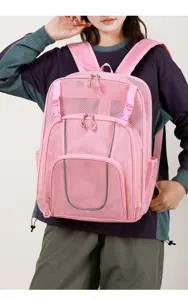 Pink mesh backpack for outdoor sports, breathable hollow school bag with reflective strips.