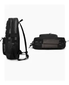Black mesh breathable backpack for gym travel and beach vacation, lightweight hollow design.