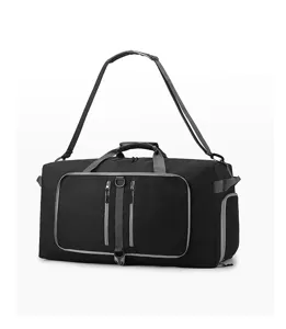 Gran bolsa de viaje negra con ribetes grises, múltiples bolsillos con cremallera y correa ajustable.