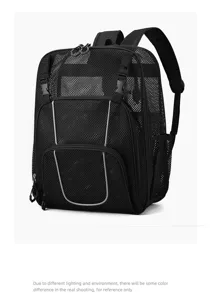 Black mesh hollow sports backpack with reflective strips for outdoor basketball and racket gear.
