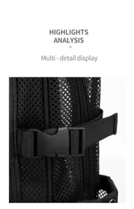 Close-up detail view of black mesh backpack adjustable strap and quick release buckle.