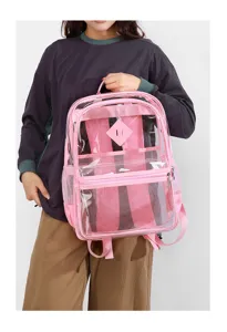 Transparenter PVC Rucksack mit pinken Trägern, Mehrfachtasche Studententasche für den Alltag.