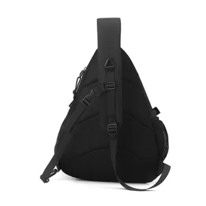 Black nylon outdoor sling chest bag, lightweight hiking backpack with breathable mesh back.
