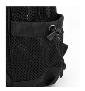 Black mesh backpack side detail showing breathable fabric and adjustable drawstring closure.