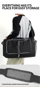 Comfortable padded shoulder strap detail of the large capacity travel duffel bag.