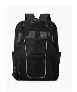 Black mesh backpack for outdoor sports, breathable basketball bag with reflective strips.