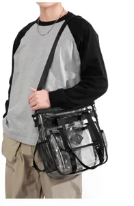 Transparent PVC messenger bag clear cross-body beach bag with black straps and mesh pockets