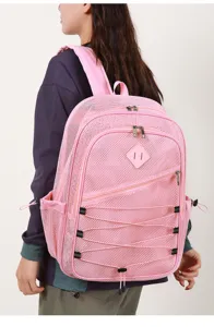 Zaino in rete rosa per vacanze al mare, grande capacità e asciugatura rapida con tasche.