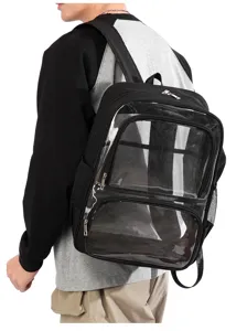 Klarer Rucksack Detailansicht mit transparentem PVC Material und mehreren Taschen.