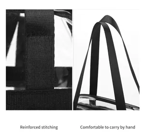 Clear PVC travel bag detail featuring reinforced stitching and comfortable carry handles.