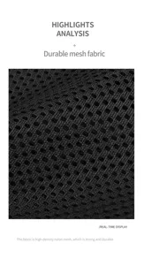 Dettaglio in tessuto a rete di nylon nero per zaino, materiale traspirante e resistente.